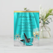 グリッターティール（緑がかった色）ブルーハイヒール金ゴールドシャンパンパーティー 招待状 (スタンド正面)