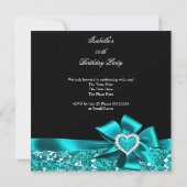 グリッターティール（緑がかった色）ブルーハートボウブラックバースデーパーティー 招待状 (裏面)