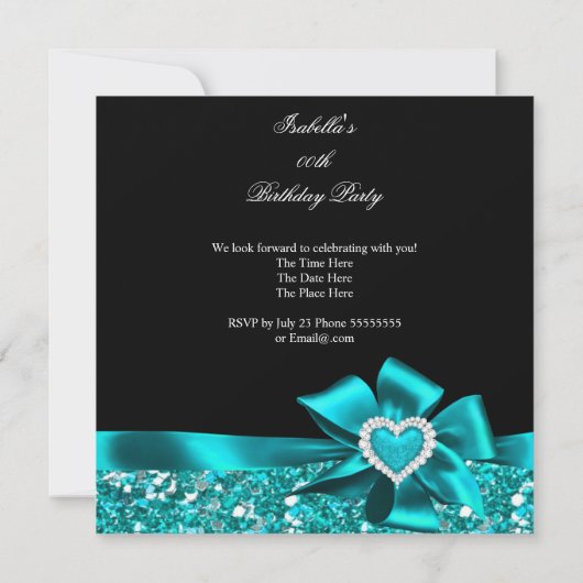 グリッターティール（緑がかった色）ブルーハートボウブラックバースデーパーティー 招待状 (裏面)