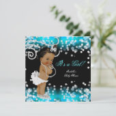 グリッターティール(緑がかった色)ブルーブラックガールベビーシャワーエスニック 招待状 (スタンド正面)