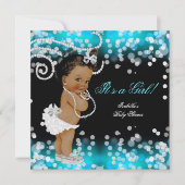 グリッターティール(緑がかった色)ブルーブラックガールベビーシャワーエスニック 招待状 (正面)