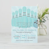 グリッターティール（緑がかった色）ボーリング誕生日パーティーのストライキ 招待状 (スタンド正面)