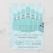 グリッターティール（緑がかった色）ボーリング誕生日パーティーのストライキ 招待状 (正面/裏面)