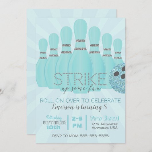 グリッターティール(緑がかった色)ボーリング誕生日パーティーのストライキ 招待状 (正面/裏面)