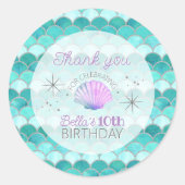 グリッターティール(緑がかった色)マーメイドはかりで測誕生日ありがとう ラウンドシール (正面)