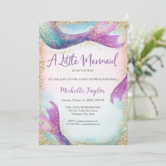 グリッターティール（緑がかった色）リトルマーメイドサマーガールベビー 招待状 (スタンド正面)