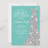 グリッターティール(緑がかった色)Sweet sixteen誕生日招待状 招待状 (正面)