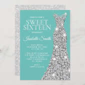 グリッターティール(緑がかった色)Sweet sixteen誕生日招待状 招待状 (正面/裏面)