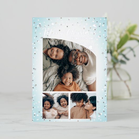 グリッターテーパーフェイクトップ3写真メリークリスマス 箔シーズンカード (立ち正面)