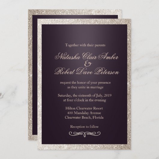 グリッタートゥーペベージュパープルモダンシック結婚ズ 招待状 (正面/裏面)