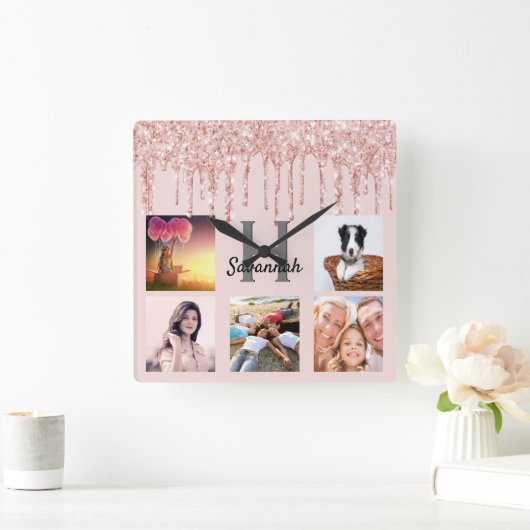 グリッタードリップカスタムフォトコラージュのピンクのローズ金ゴールド スクエア壁時計 (ホーム)