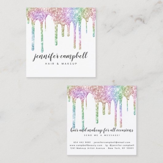 グリッタードリップシックなヘアメイクアップホログラフィックユニコーン スクエア名刺 (正面/裏面)