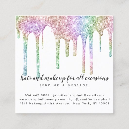グリッタードリップシックなヘアメイクアップホログラフィックユニコーン スクエア名刺 (裏面)