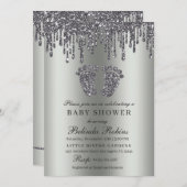 グリッタードリップシルバーベビー足ベビーシャワー 招待状 (正面/裏面)