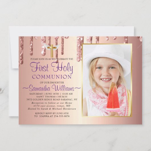 グリッタードリップスエレガントト写真ファーストコミュニオン 招待状 (正面)