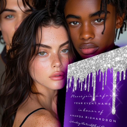 グリッタードリップスシルバーパープルブライダルスウィート16th 招待状