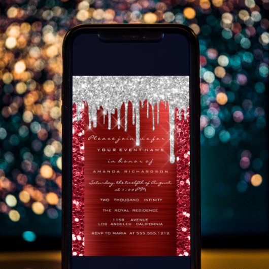 グリッタードリップスシルバーレッドルビーブライダルスウィート16th 招待状