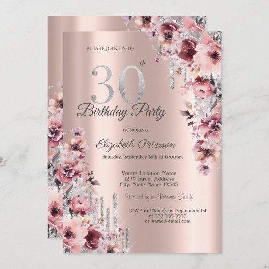 グリッタードリップスバラ金ゴールドピンクフローラ30th誕生日 招待状 (正面/裏面)