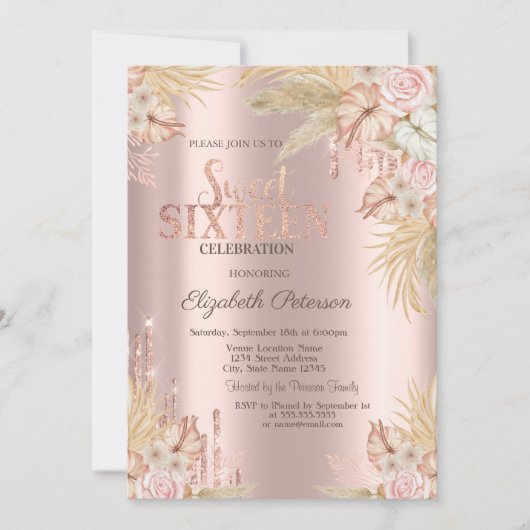 グリッタードリップスパンパスグラスフラワーズスウィート16 招待状 (正面)