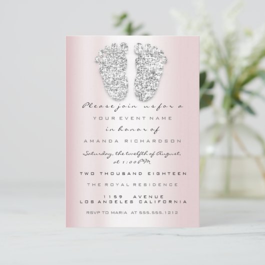 グリッタードリップスピンクグレーベビーガールシャワー足 招待状 (スタンド正面)