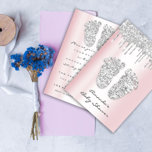 グリッタードリップスピンクグレーベビーガールシャワー足 招待状