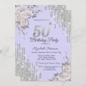 グリッタードリップスフラワーズラバンダー50誕生日 招待状 (正面/裏面)