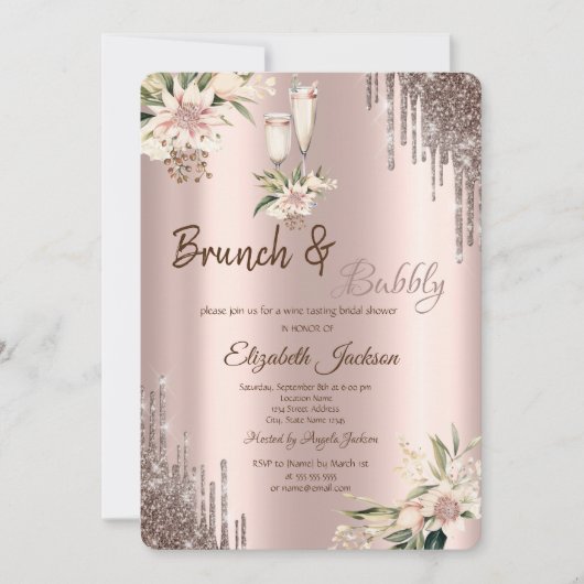 グリッタードリップスフローラワイングラスブライダルシャワー 招待状 (正面)