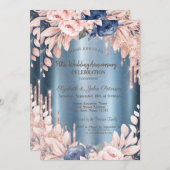 グリッタードリップスフローラ結婚ブルーの記念日 招待状 (正面/裏面)