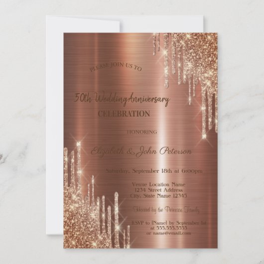 グリッタードリップスブラウン結婚メタリック記念日 招待状 (正面)