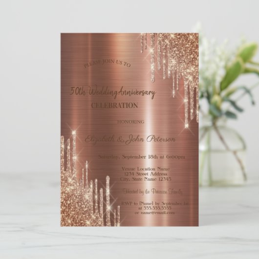 グリッタードリップスブラウン結婚メタリック記念日 招待状 (スタンド正面)