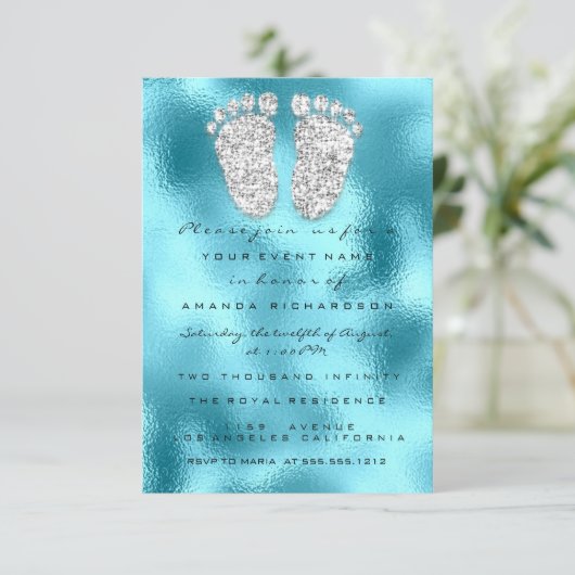 グリッタードリップスブルーグレー男の赤ちゃんシャワー足 招待状 (スタンド正面)