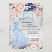 グリッタードリップスブルーフラワードレスシルバースウィート16 招待状 (正面/裏面)