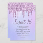 グリッタードリップスホログラフパープルスウィート16誕生日 招待状 (正面/裏面)