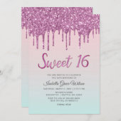 グリッタードリップスホログラフピンクスウィート16誕生日 招待状 (正面/裏面)