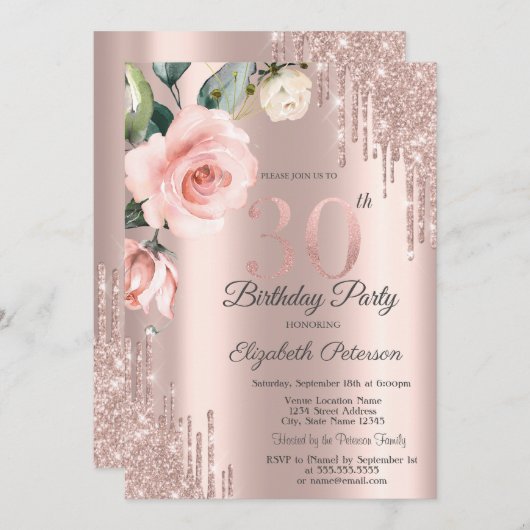 グリッタードリップス水彩バラ30th誕生日 招待状 (正面/裏面)