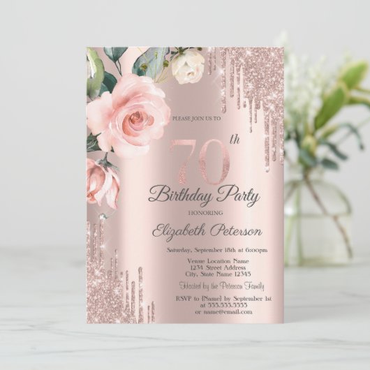 グリッタードリップス水彩バラ70誕生日 招待状 (スタンド正面)