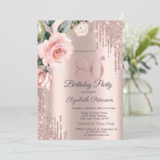 グリッタードリップス水彩バラ80誕生日 招待状 (スタンド正面)