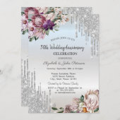 グリッタードリップス、トロピカルフラワーズシルバー結婚ズ 招待状 (正面/裏面)