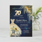 グリッタードリップス、ドレス、ひまわりブルー70誕生日 招待状 (スタンド正面)