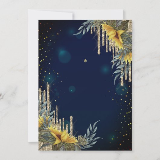 グリッタードリップス、ドレス、ひまわりブルー70誕生日 招待状 (裏面)