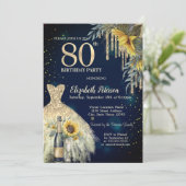 グリッタードリップス、ドレス、ひまわりブルー80誕生日 招待状 (スタンド正面)