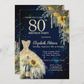 グリッタードリップス、ドレス、ひまわりブルー80誕生日 招待状 (正面/裏面)