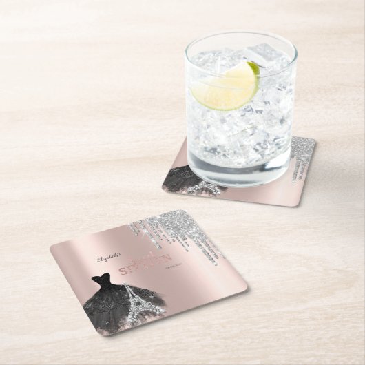 グリッタードリップス，ドレス，エッフェルタワースウィート16 スクエアペーパーコースター (インサイチュ)