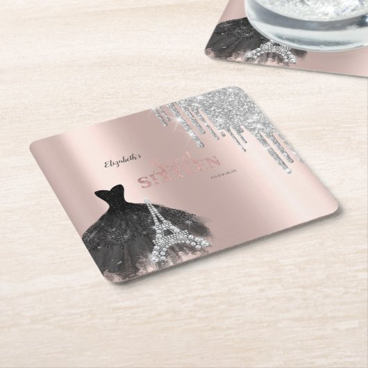 グリッタードリップス，ドレス，エッフェルタワースウィート16 スクエアペーパーコースター (アングル)