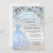 グリッタードリップス、ドレス、エッフェルタワーブルーの花 招待状 (正面)