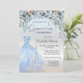 グリッタードリップス、ドレス、エッフェルタワーブルーの花 招待状 (スタンド正面)