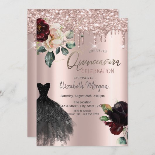 グリッタードリップス、ドレス、バラクインセアニラ 招待状 (正面/裏面)