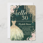 グリッタードリップス、ドレス、フローラグリーン30th誕生日 招待状 (正面)