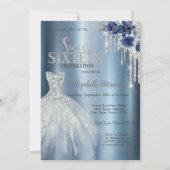 グリッタードリップス、ブルードレスフラワーメタリックスイート16 招待状 (正面)