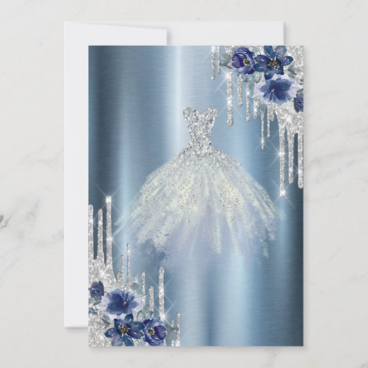 グリッタードリップス、ブルードレスフラワーメタリックスイート16 招待状 (裏面)